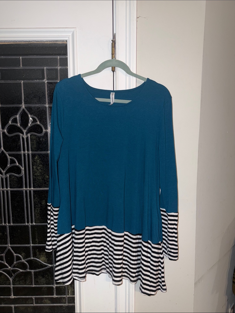 Zenana Outfitters Teal Tunic with Black and White Stripes Top